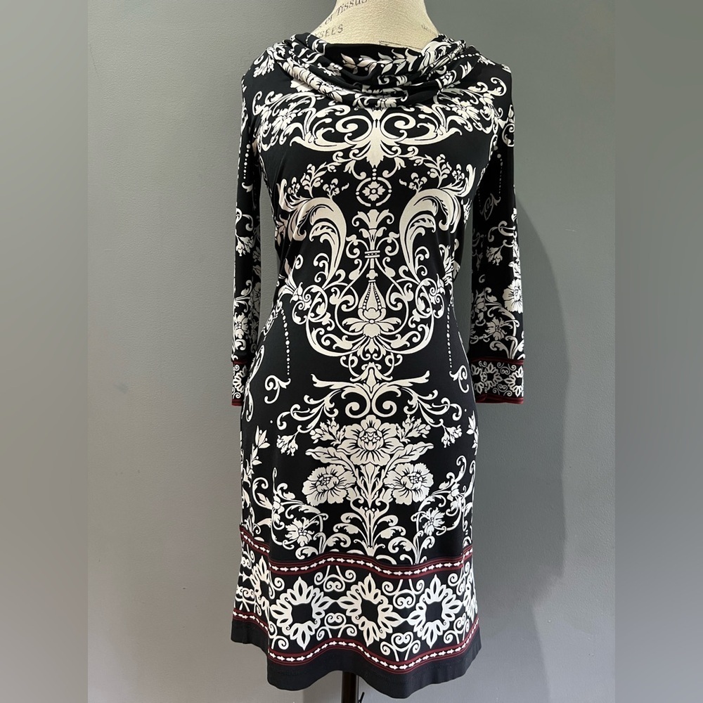 White House Black Market Black and White Sheath Dress Cowl Neck 3/4 Sleeve XXS